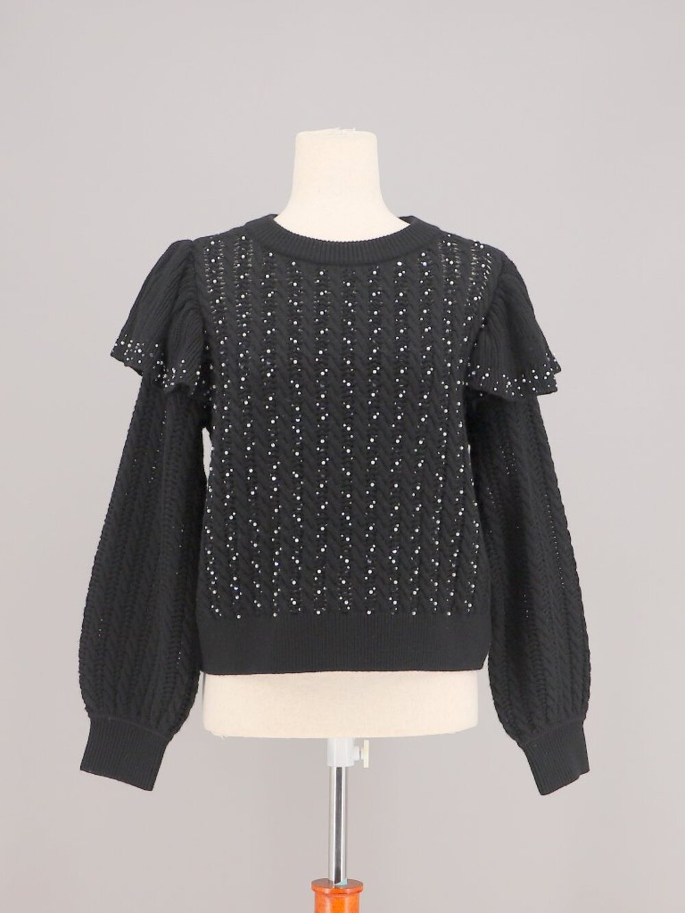 ALICE + OLIVIA Rosi Pearl-Embellished Cable Knit Wool Sweater in Black Size S